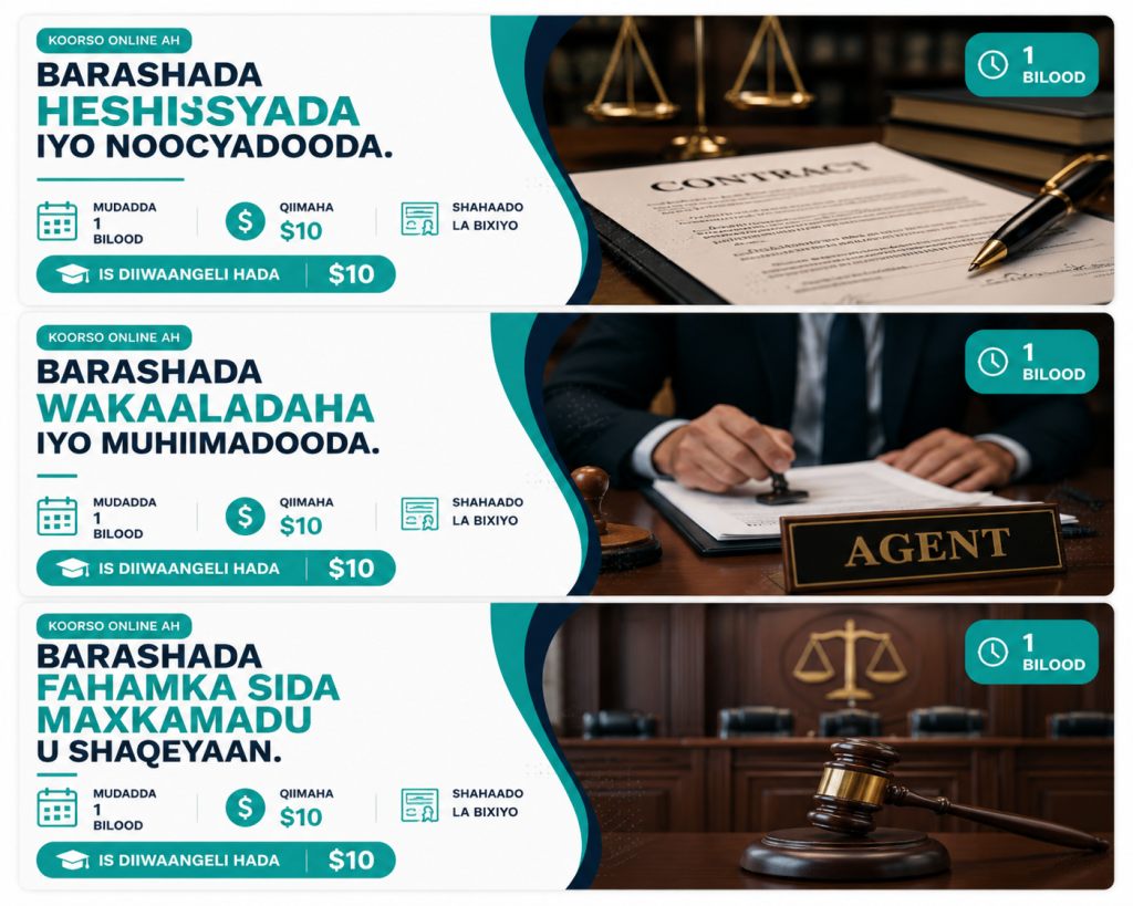 Barashada Heshiisyada iyo noocyadooda. Barashada wakaaladaha iyo muhiimadooda. Barashada fahamka sida maxkamadu u shaqeeyaan.